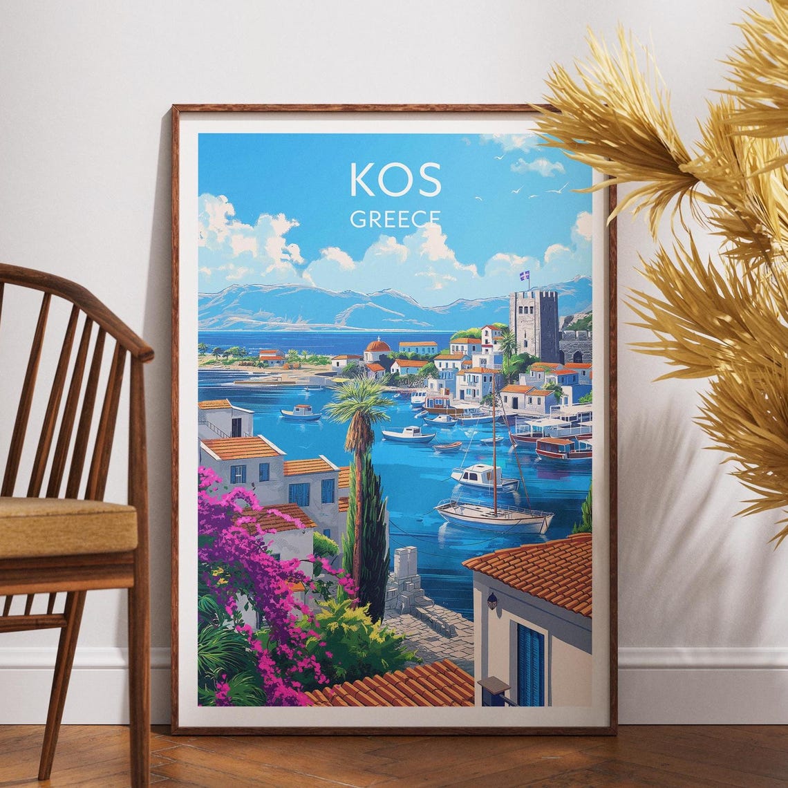 Kos Greece Aegean Bay Sailboats Old Town Scenic Travel Poster