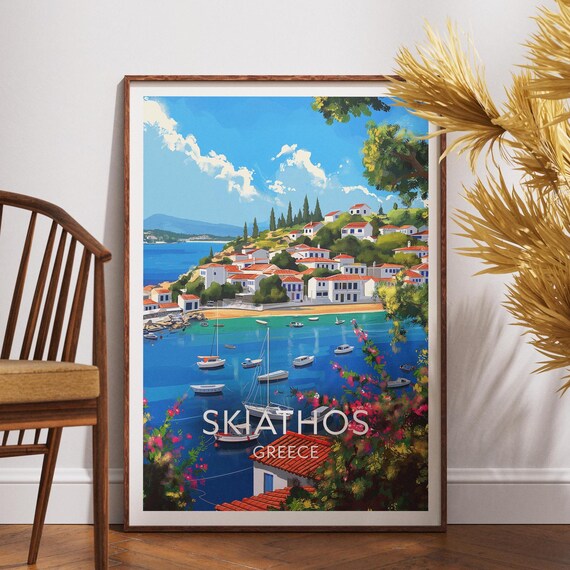 Skiathos Island Greece Bougainvillea Harbor Boats Coastal Travel Poster