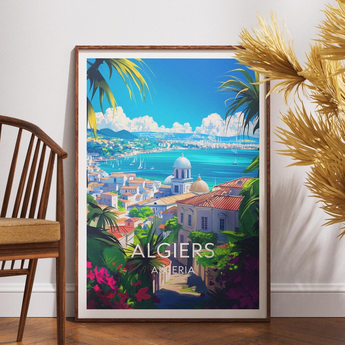 Algiers Algeria Coastal Bay Retro Travel Poster Sailboat View