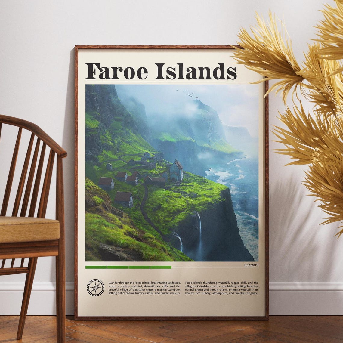 Faroe Islands Denmark Green Cliff Village Ocean Travel Poster