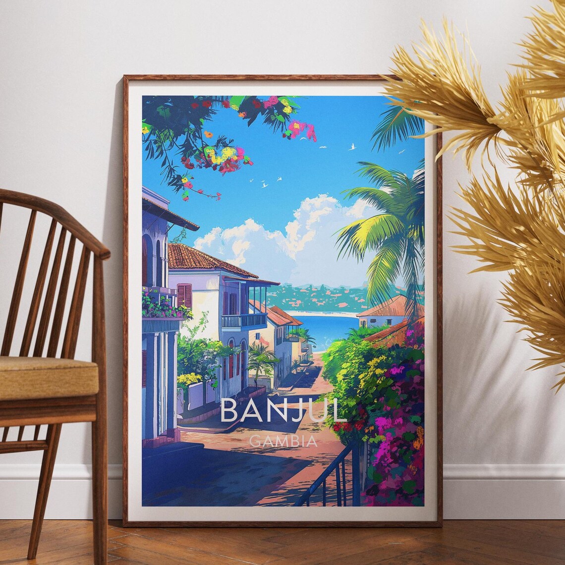 Banjul Gambia Tropical Coastal Street Palms City Travel Poster