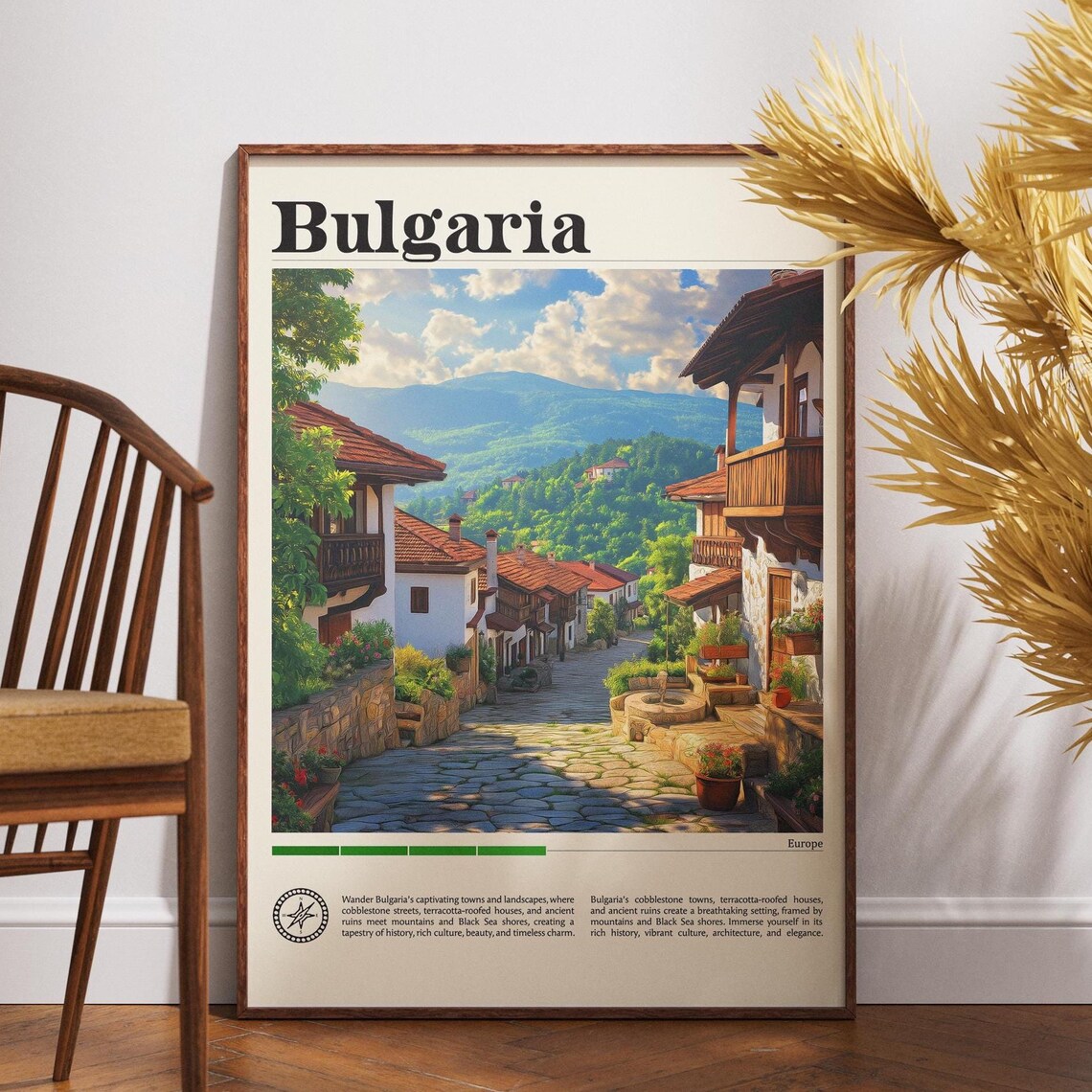 Bulgaria Old Town Lane Stone Houses Mountain Travel Poster Art
