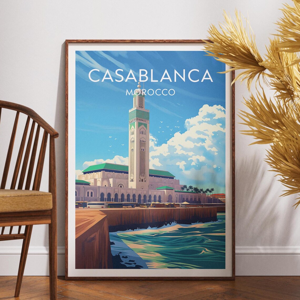 Casablanca Morocco Hassan II Mosque Ocean Vintage Travel Poster