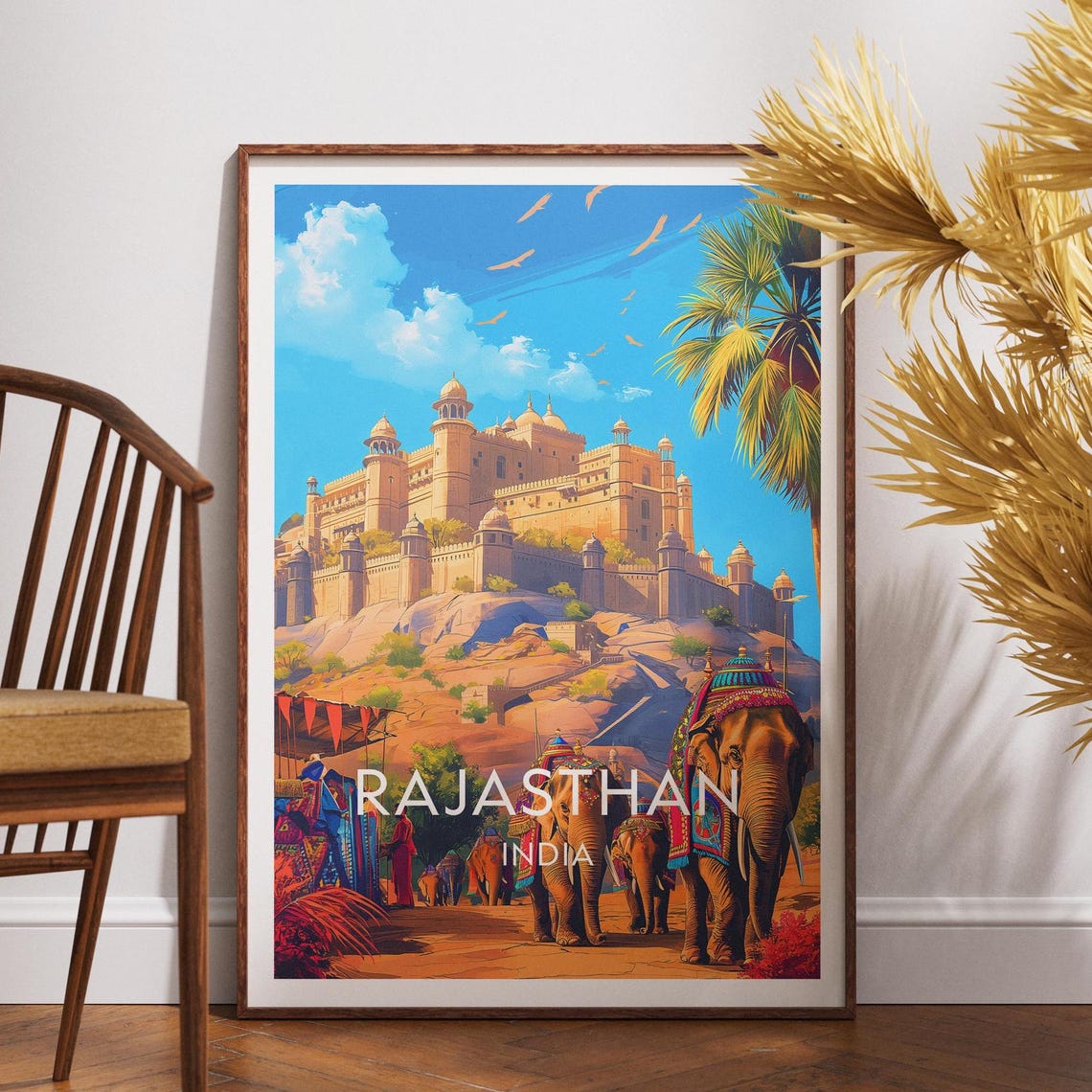 Rajasthan India Hill Fort Elephant Parade Colorful Travel Poster