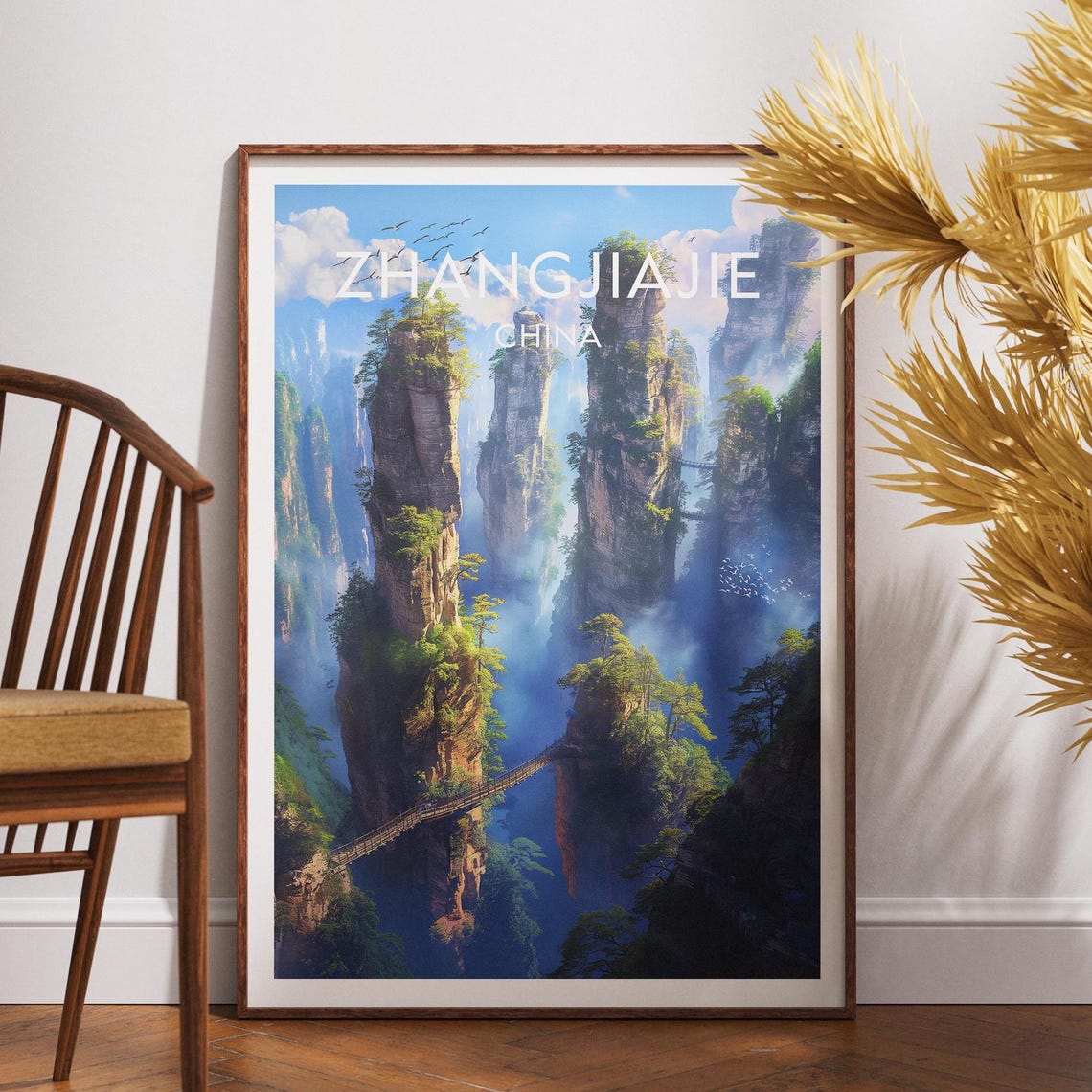 Zhangjiajie China Sandstone Pillars Misty Valley Landscape Poster