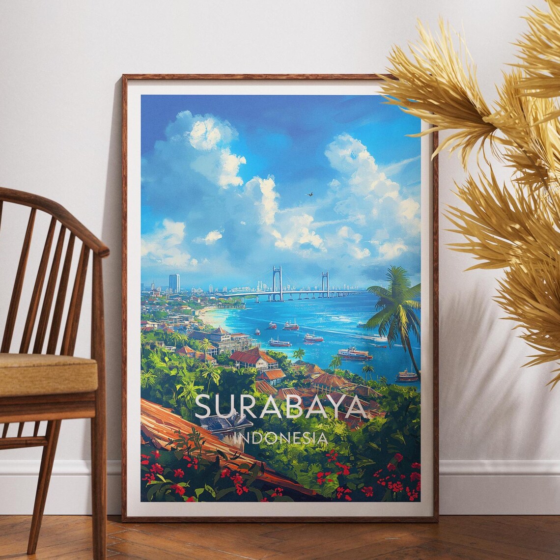 Surabaya Indonesia Tropical Harbor Bridge Cityscape Travel Poster