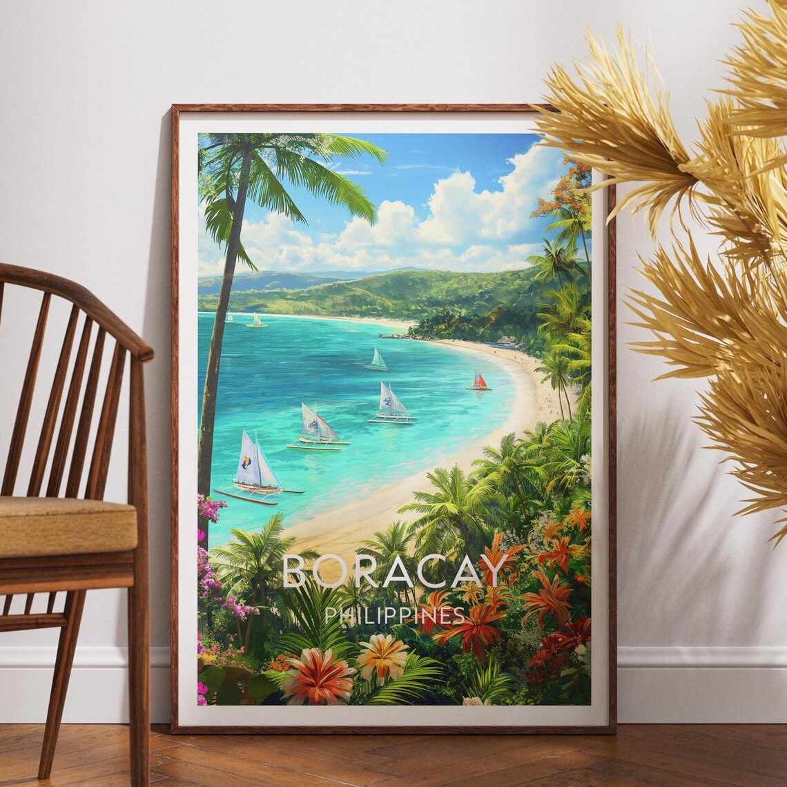 Boracay Philippines White Beach Sailboats Palm Paradise Travel Poster