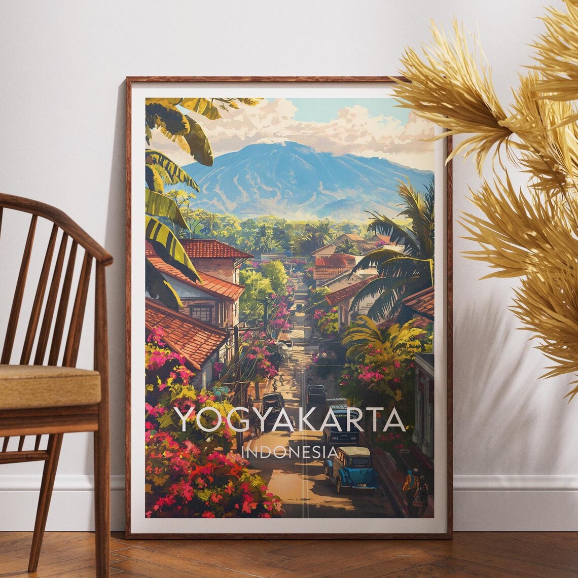 Yogyakarta Indonesia Vintage Street Scene Mountain View Travel Poster