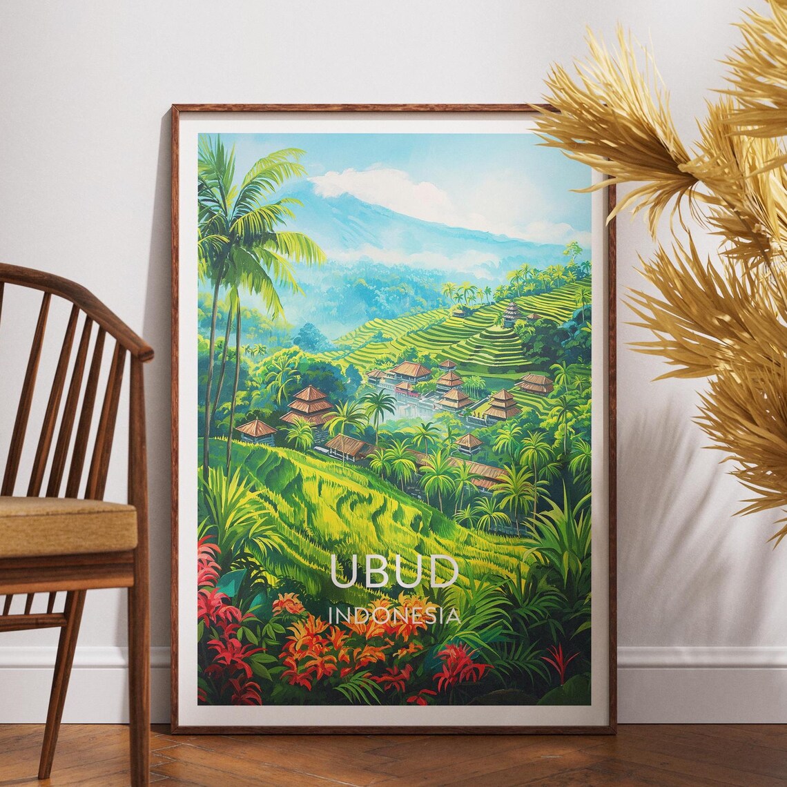 Ubud Bali Indonesia Terraced Rice Fields Palm Valley Travel Poster
