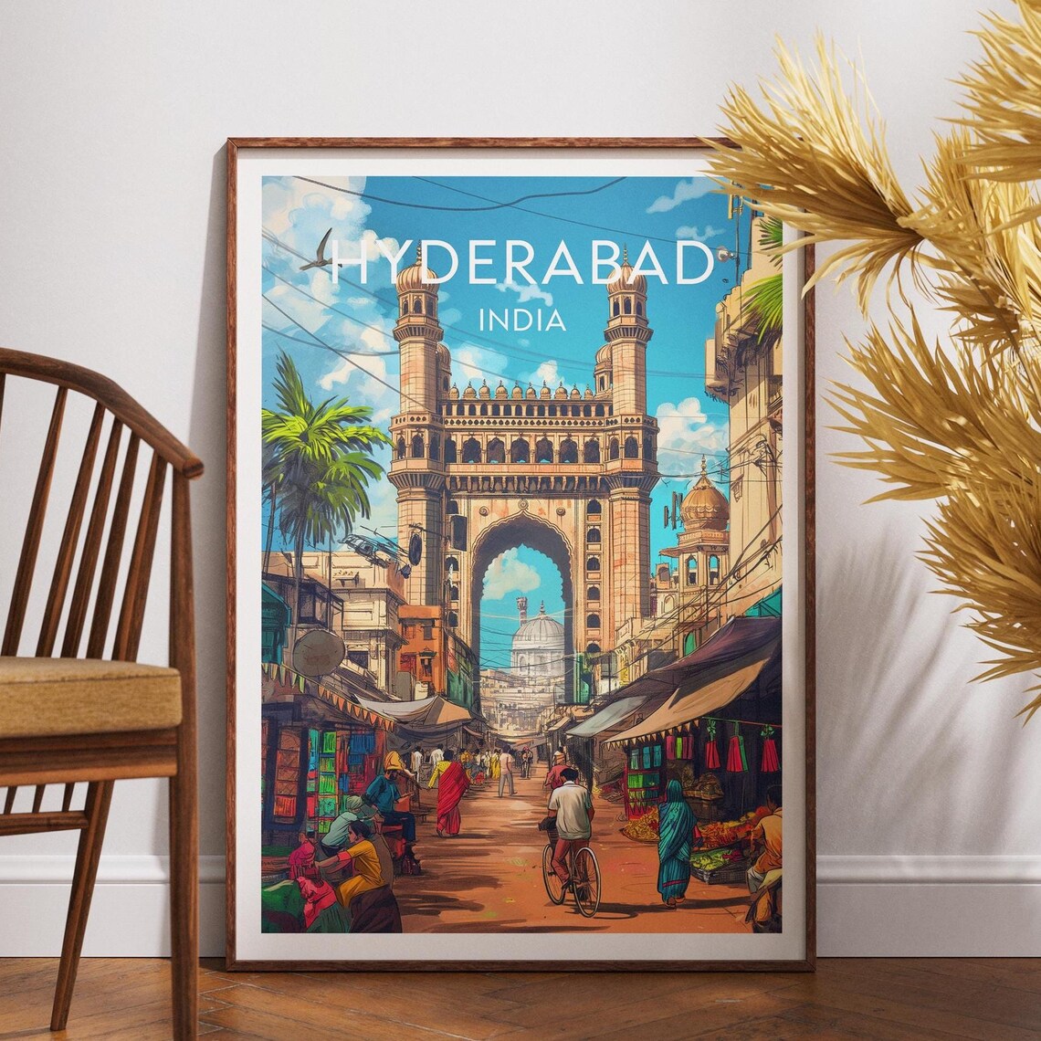Charminar Hyderabad India Bazaar Street Blue Sky Travel Poster