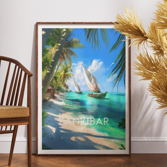 Zanzibar Tanzania Tropical Beach Dhow Sailboats Palm Shade Poster