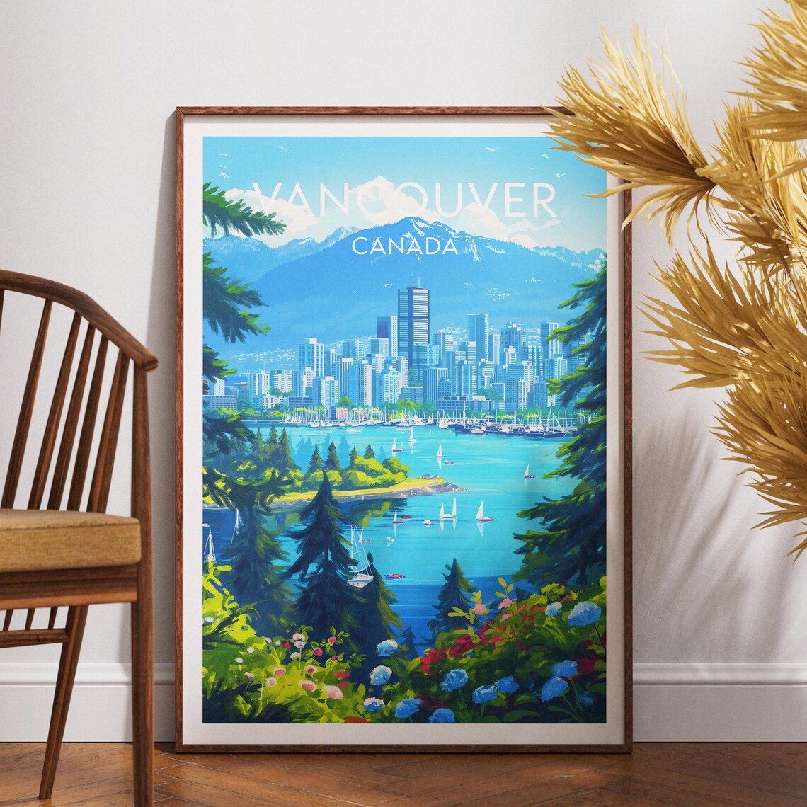 Vancouver Canada Cityscape Poster Harbor Sailboats Mountains Pine Trees Art