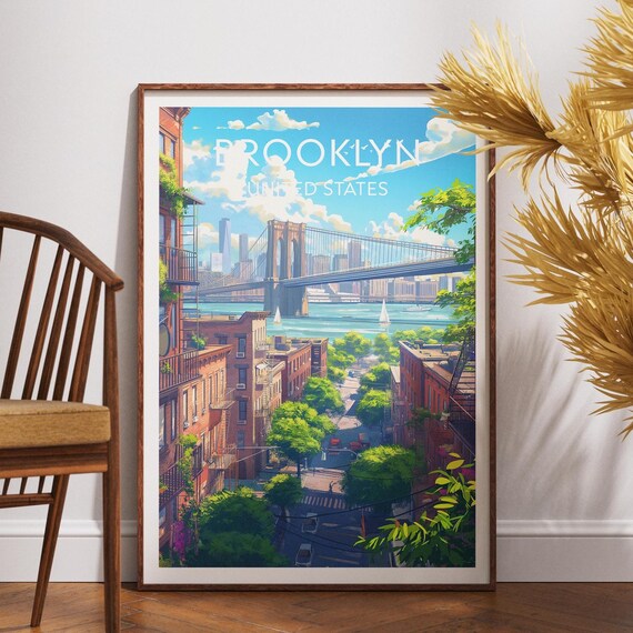 Brooklyn New York Brownstone Street Bridge View Travel Poster