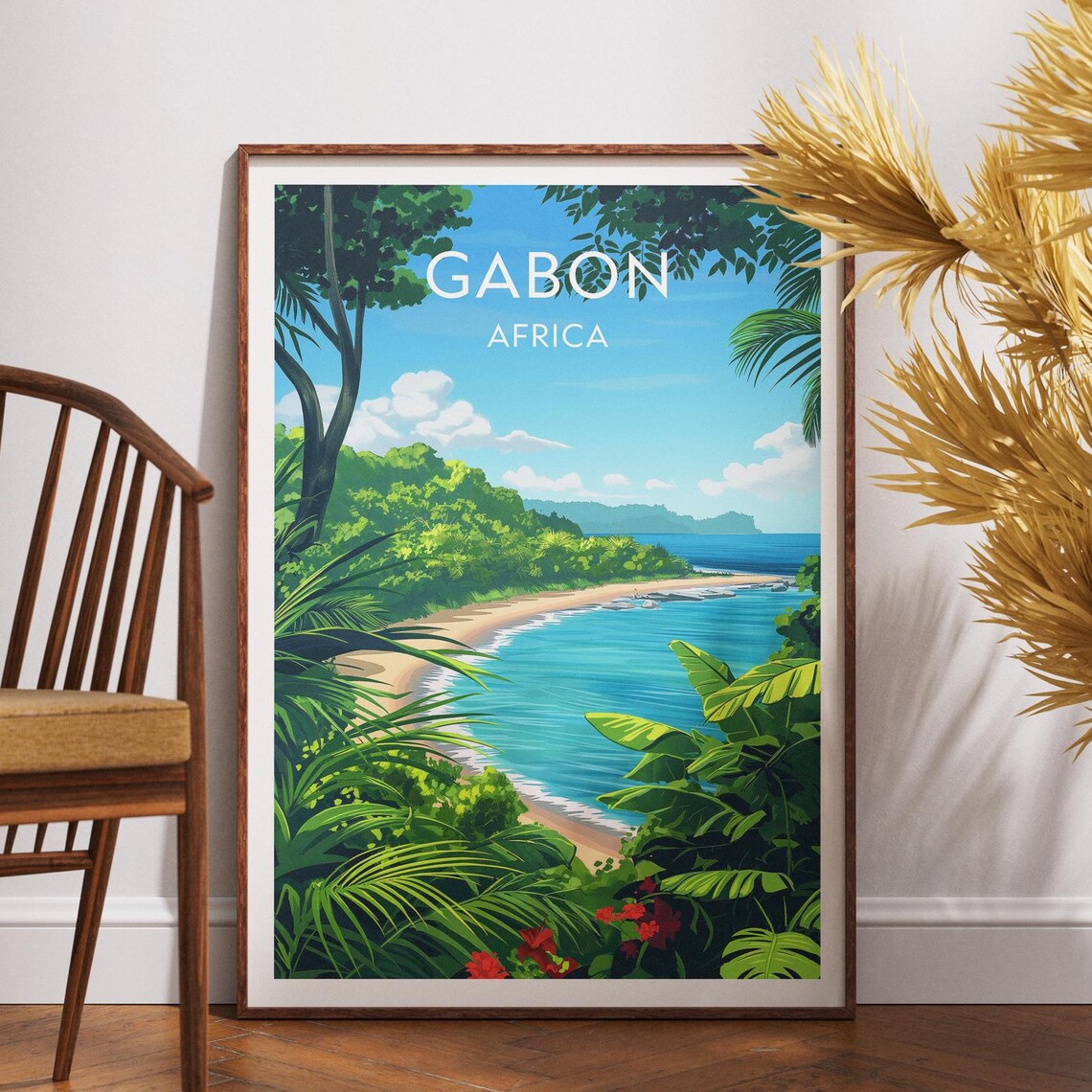 Gabon Africa Vintage Tropical Beach Jungle Coastline Travel Poster