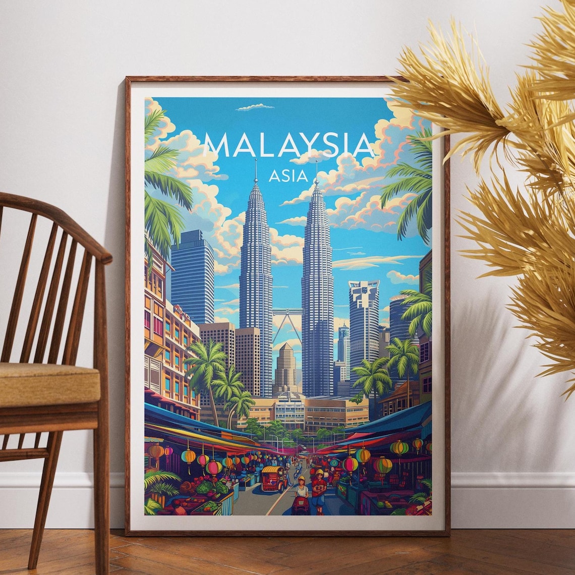 Malaysia Petronas Towers Night Market Vintage Travel Poster Art