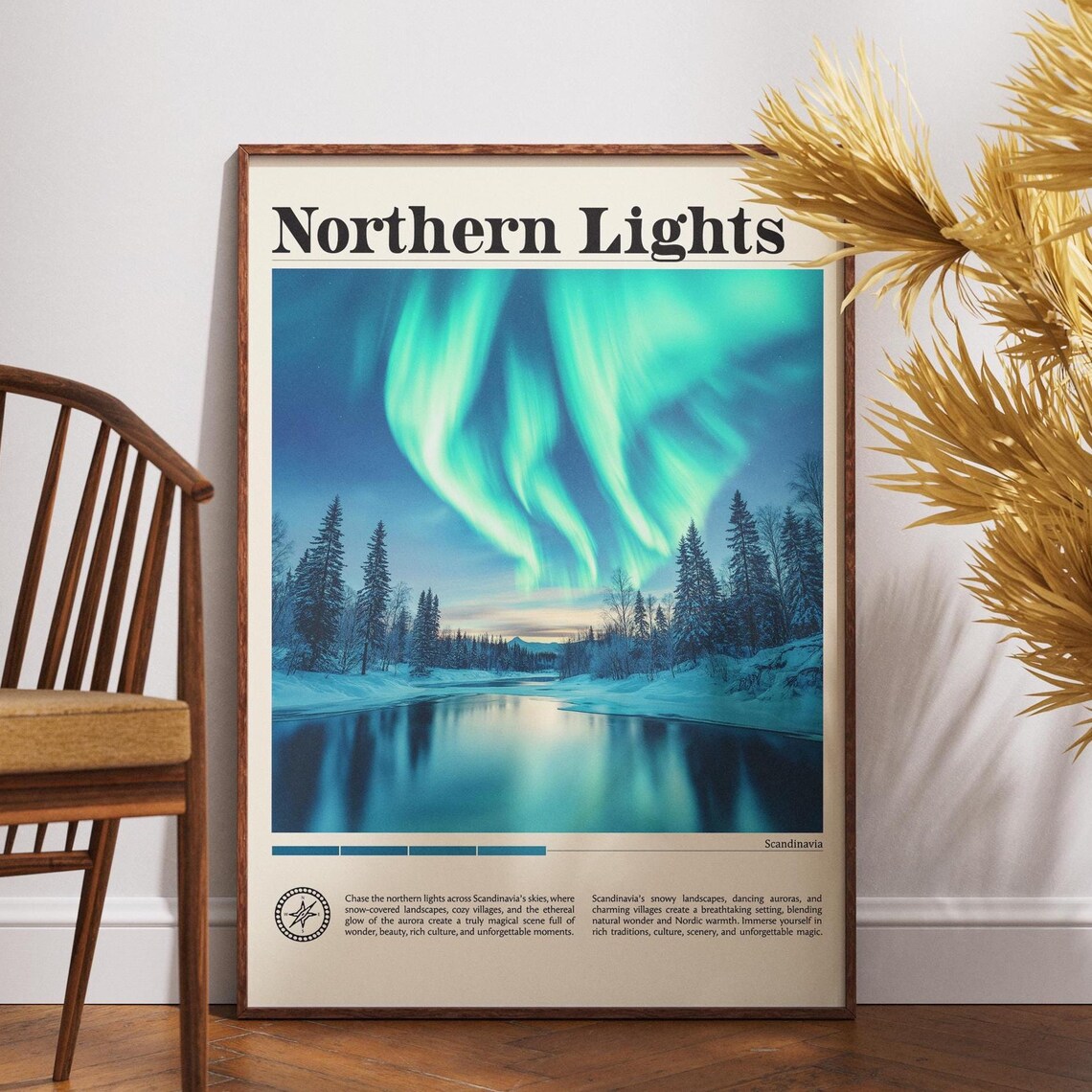 Northern Lights Scandinavia Aurora Snowy Forest Lake Travel Poster