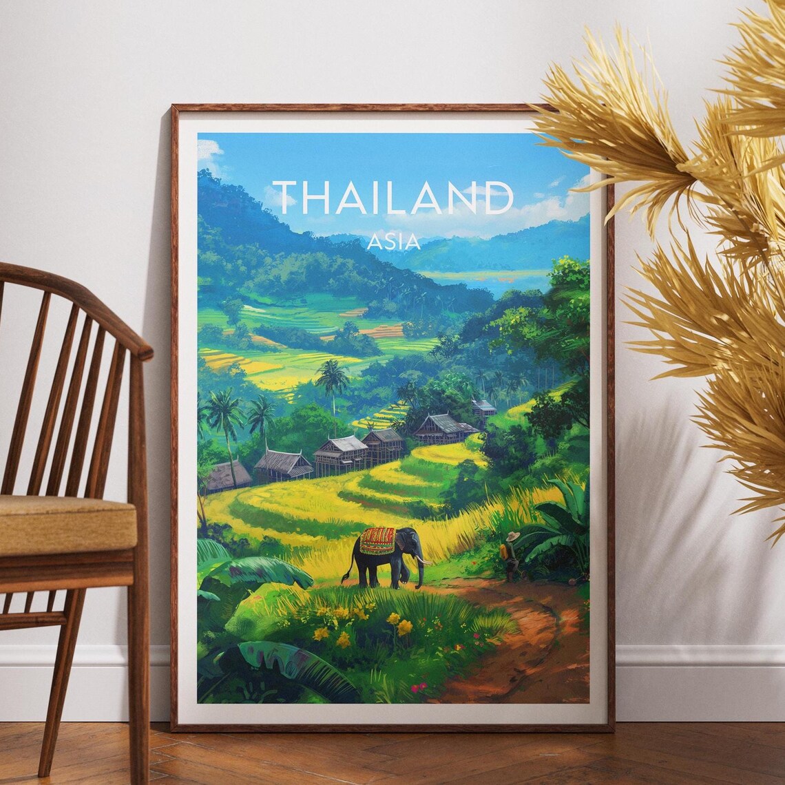 Thailand Asia Rice Terraces Elephant Village Landscape Travel Poster