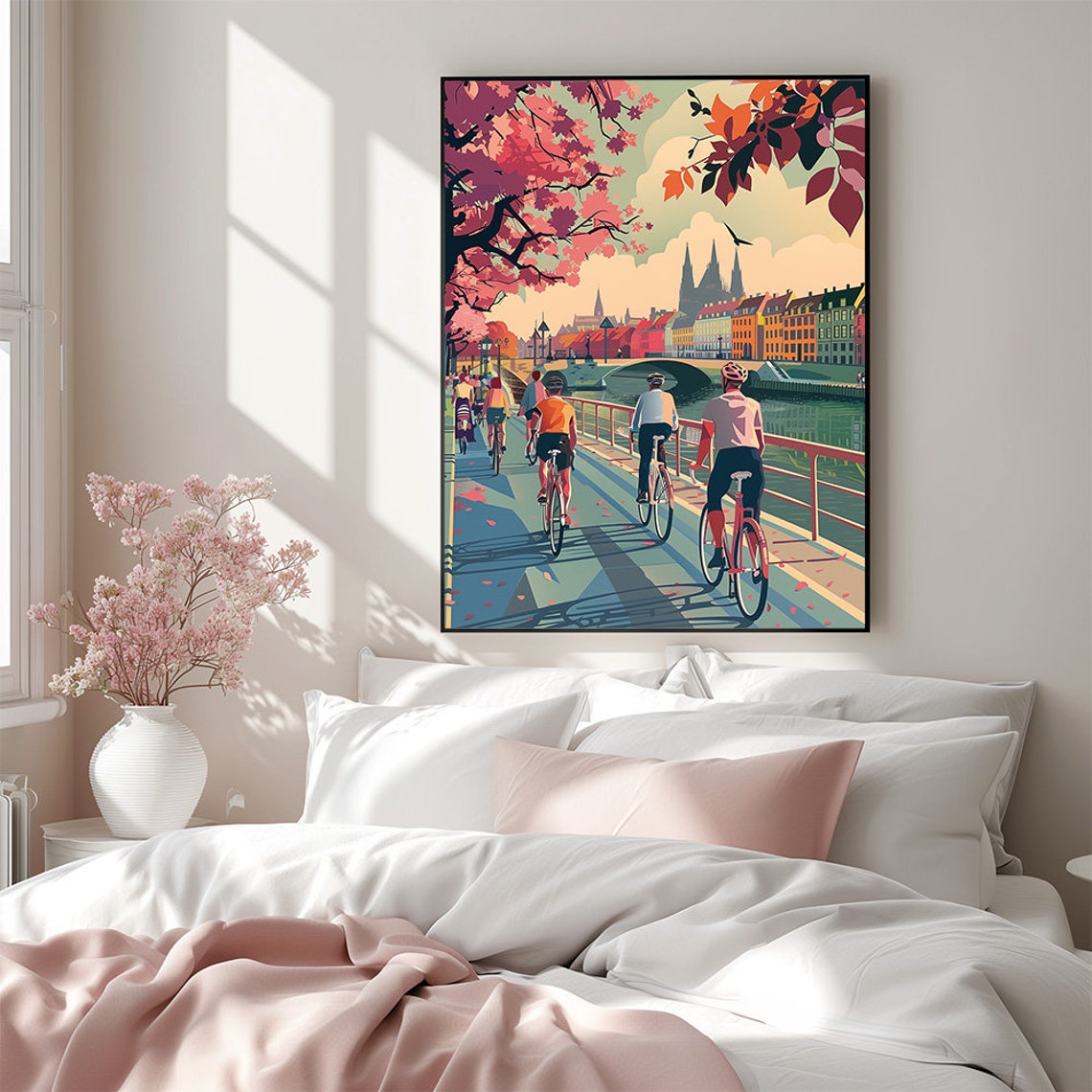 Stockholm Autumn Bridge Cyclists Ride Nordic Illustration Poster - Image 2