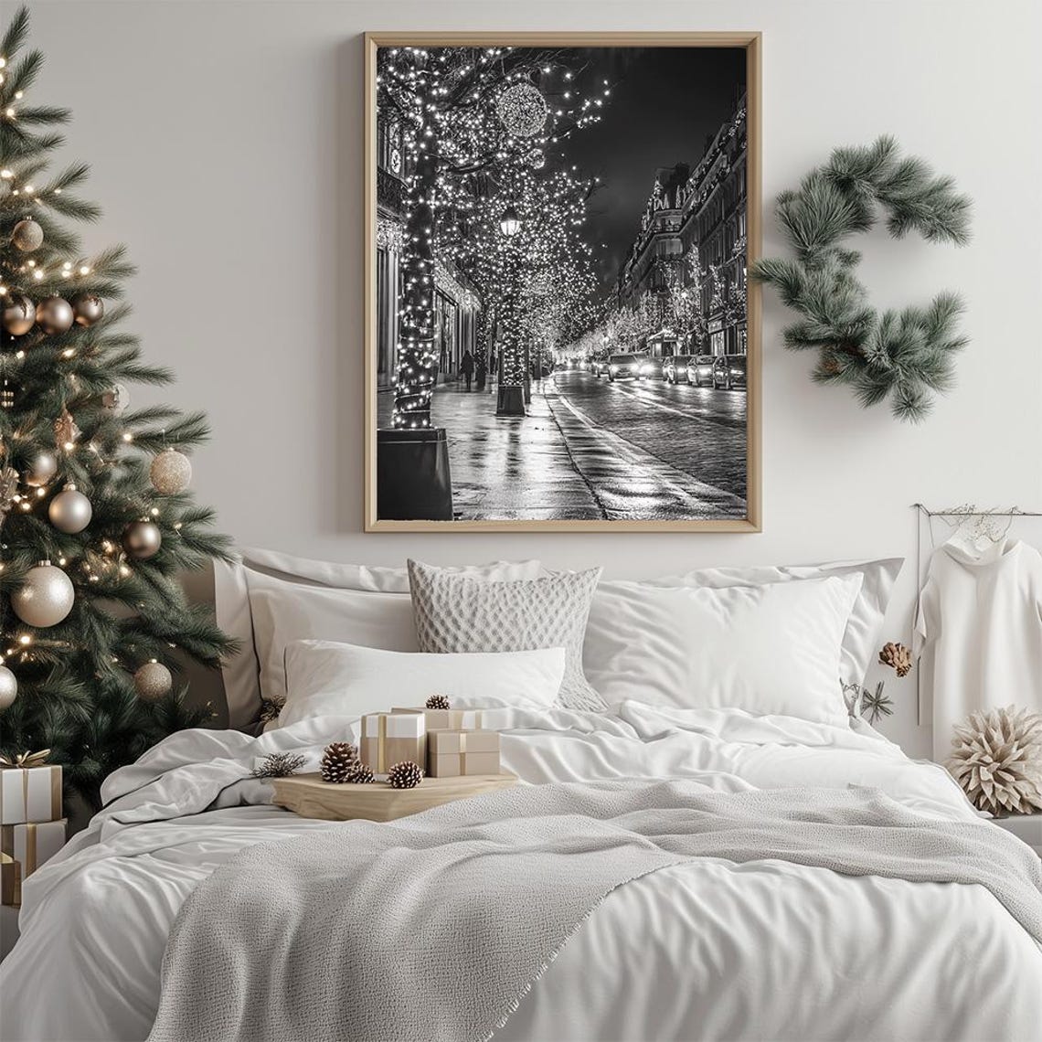 Paris Black and White Festive Night City Lights Christmas Poster - Image 2