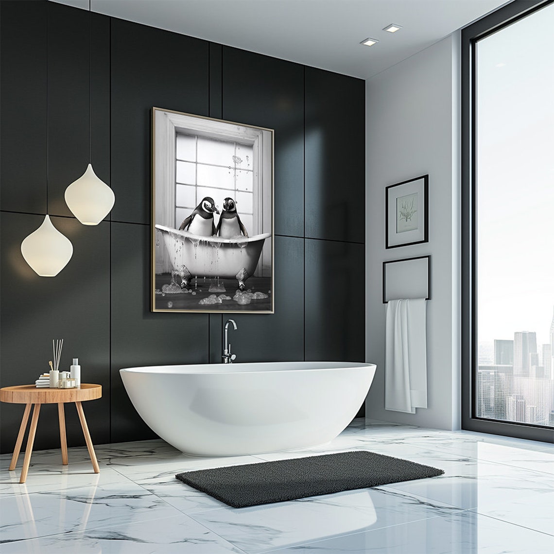 Two Penguins Splashing In Vintage Bathtub Funny Photo Poster - Image 2