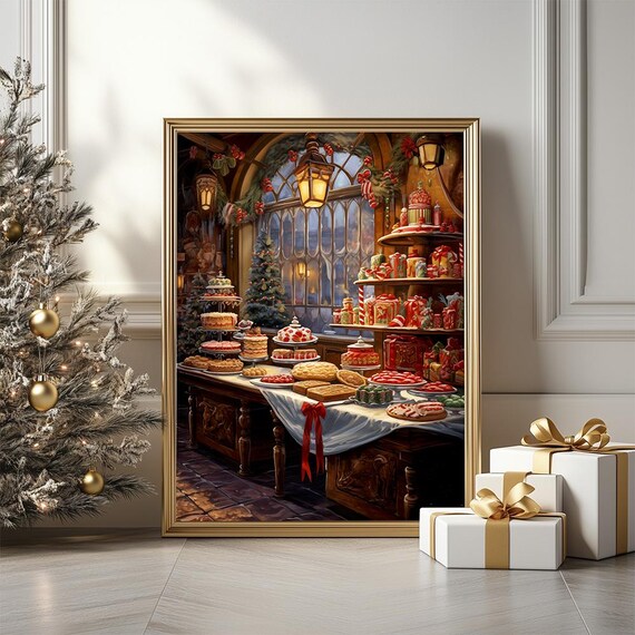 Vintage Bakery Christmas Sweets Display Table Painting Poster