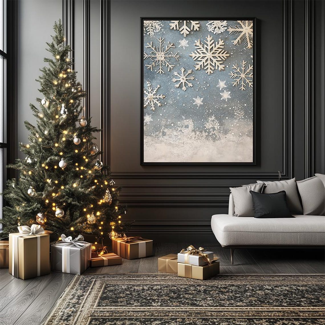 Elegant Silver Snowflakes Winter Wonderland Scene Art Poster - Image 2