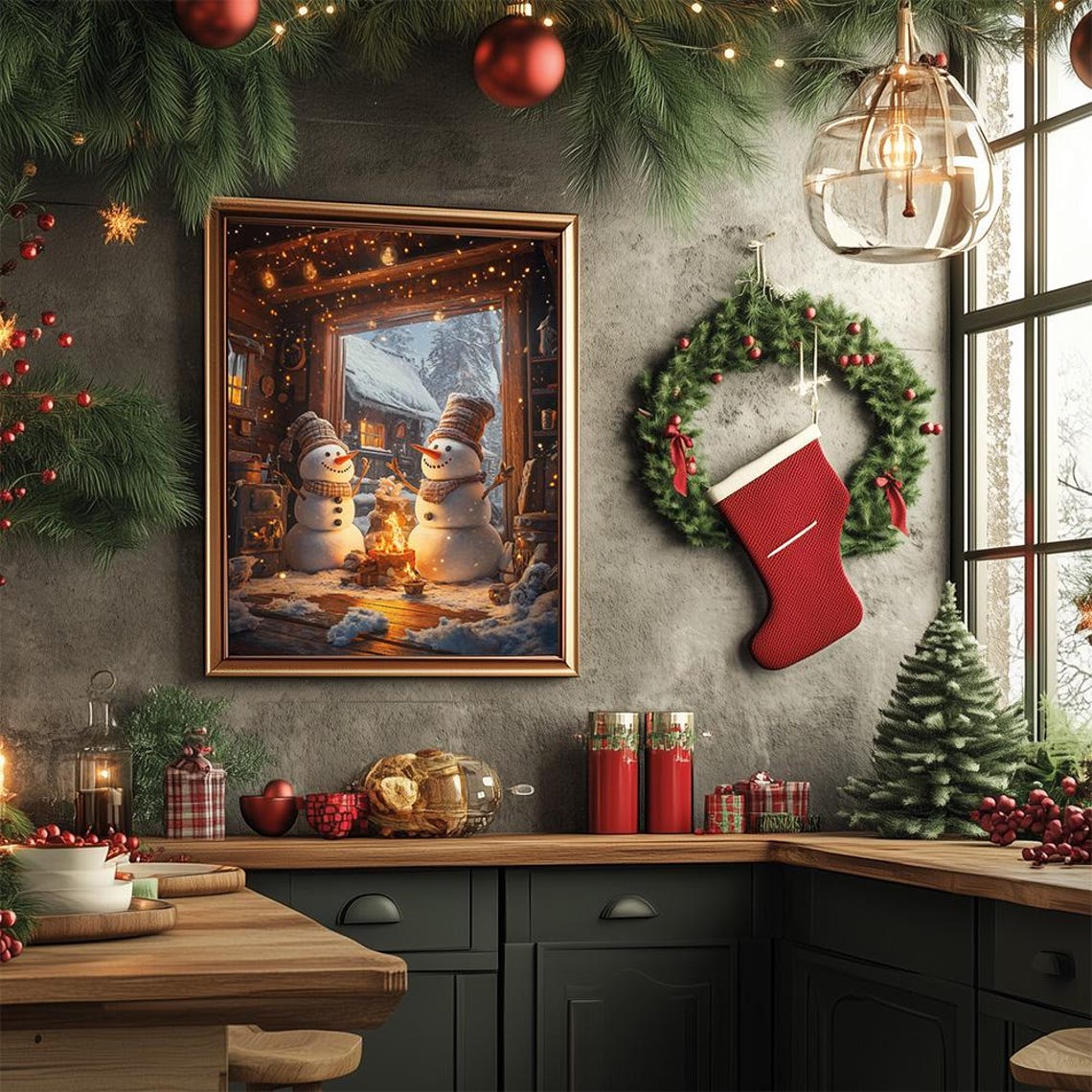 Cozy Snowmen Campfire Winter Cabin Snowy Holiday Night Poster - Image 3