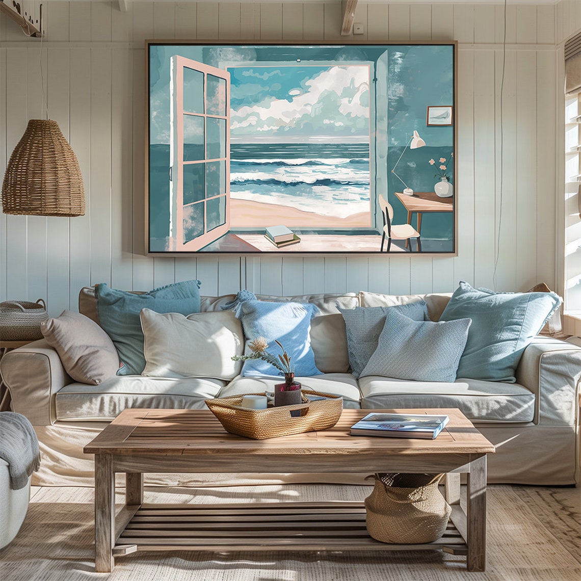 Ocean View Through Open Doors Coastal Teal Room Decor Poster - Image 3