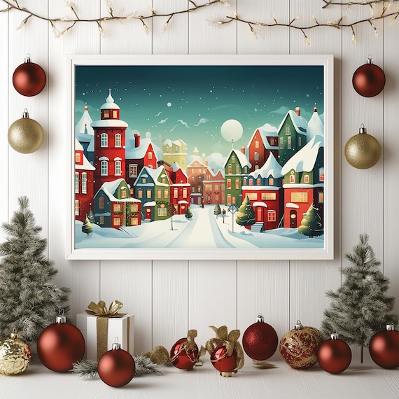 Colorful Snowy Christmas Town Illustration Festive Holiday Poster