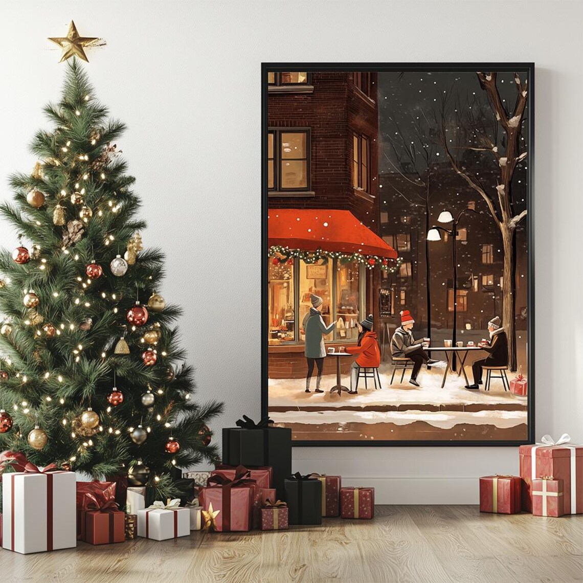 Winter Night Cafe Scene Under Red Awning With Glowing Street Lamps Poster - Image 2