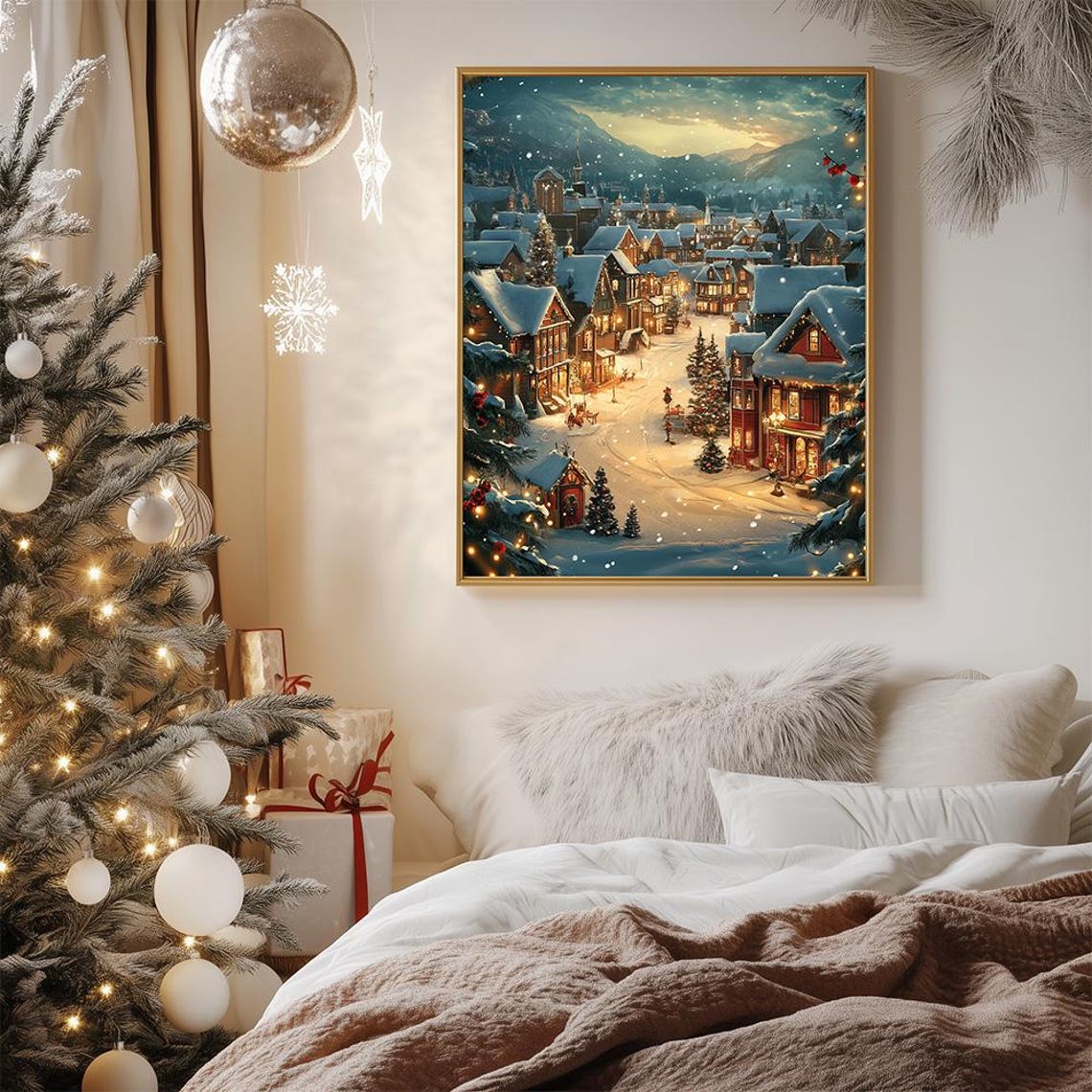 Snowy Christmas Village Dusk Lights Mountain Town Art Poster - Image 3