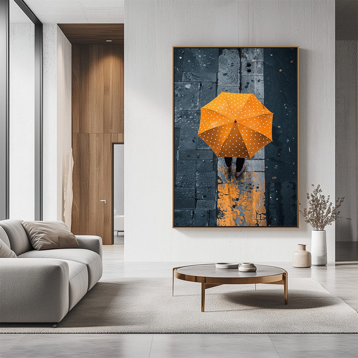 Yellow Polka Dot Umbrella Overhead On Rainy City Street Poster - Image 2
