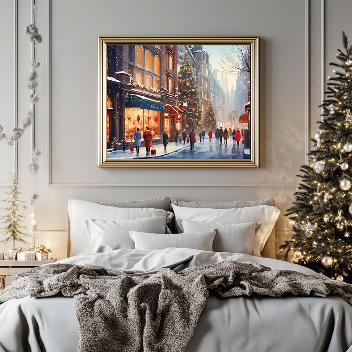 Christmas City Street Scene Poster Snowy Winter Shopping Art Print Festive European Town Holiday Decorations - Image 3