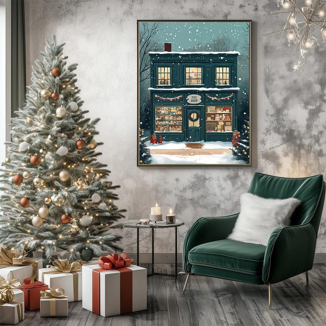 Holiday Toy Shop Illustration Wall Art Toy Store In Snowy Scene Art Print Modern Christmas Card Christmas Shop Poster - Image 2