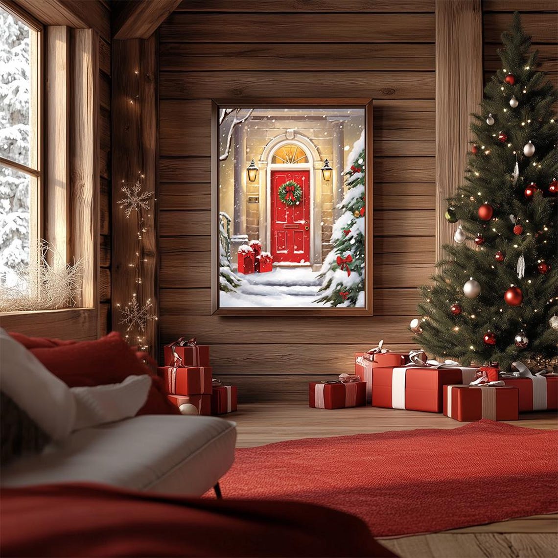 Snowy Red Door Christmas Wreath Lanterns Winter Holiday Poster - Image 3