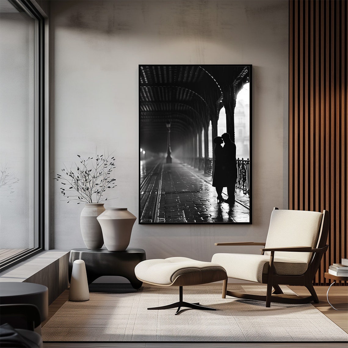Romantic Black and White Paris Couple Kiss Poster Under Arches
