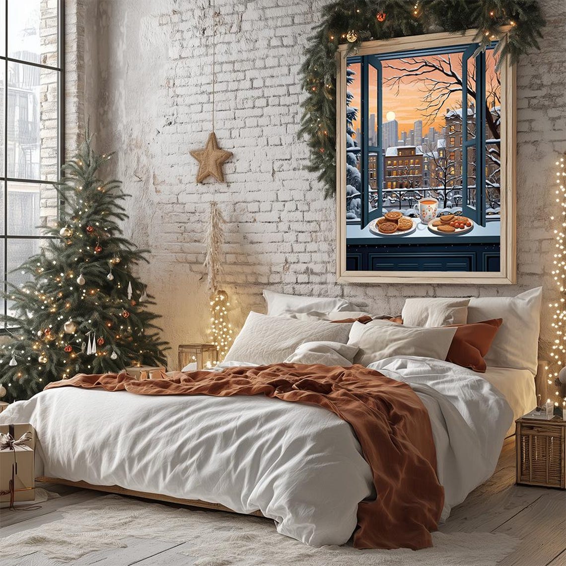 Cookies and Tea by Snowy City Window Sunset Winter Painting Poster - Image 2