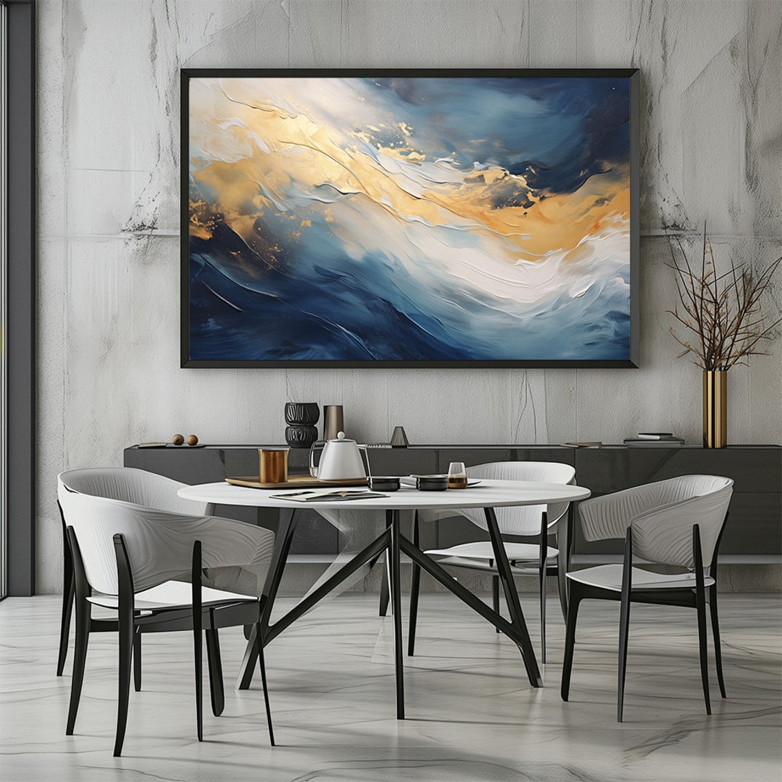 Large Abstract Navy Blue Gold Swirling Waves Modern Art Print - Image 2