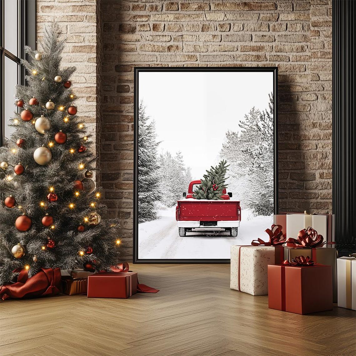 Vintage Red Pickup Truck Christmas Tree Snowy Forest Road Poster - Image 2