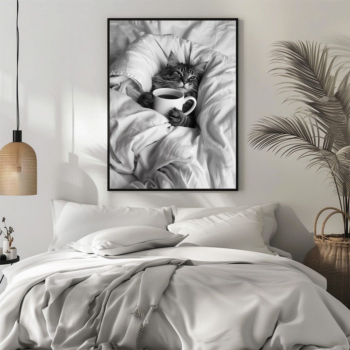 Funny Black And White Cat Holding Coffee Cup In Bed Photo Poster - Image 2
