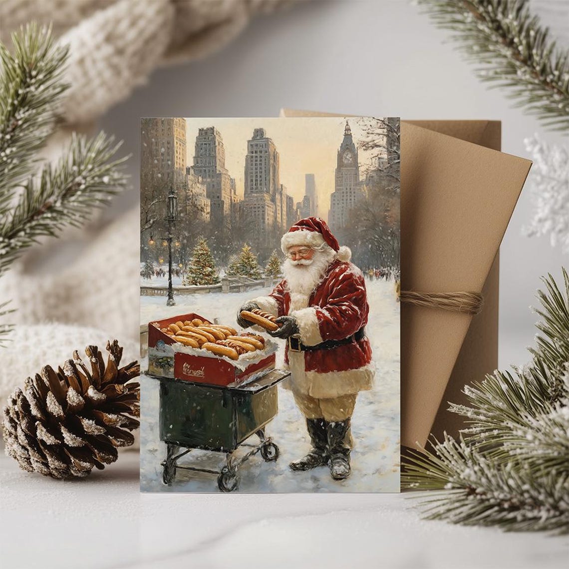 Santa Selling Hotdog In Winter Christmas Poster Santas Snack Cart In City Vintage Christmas Print Funny Christmas Card - Image 2