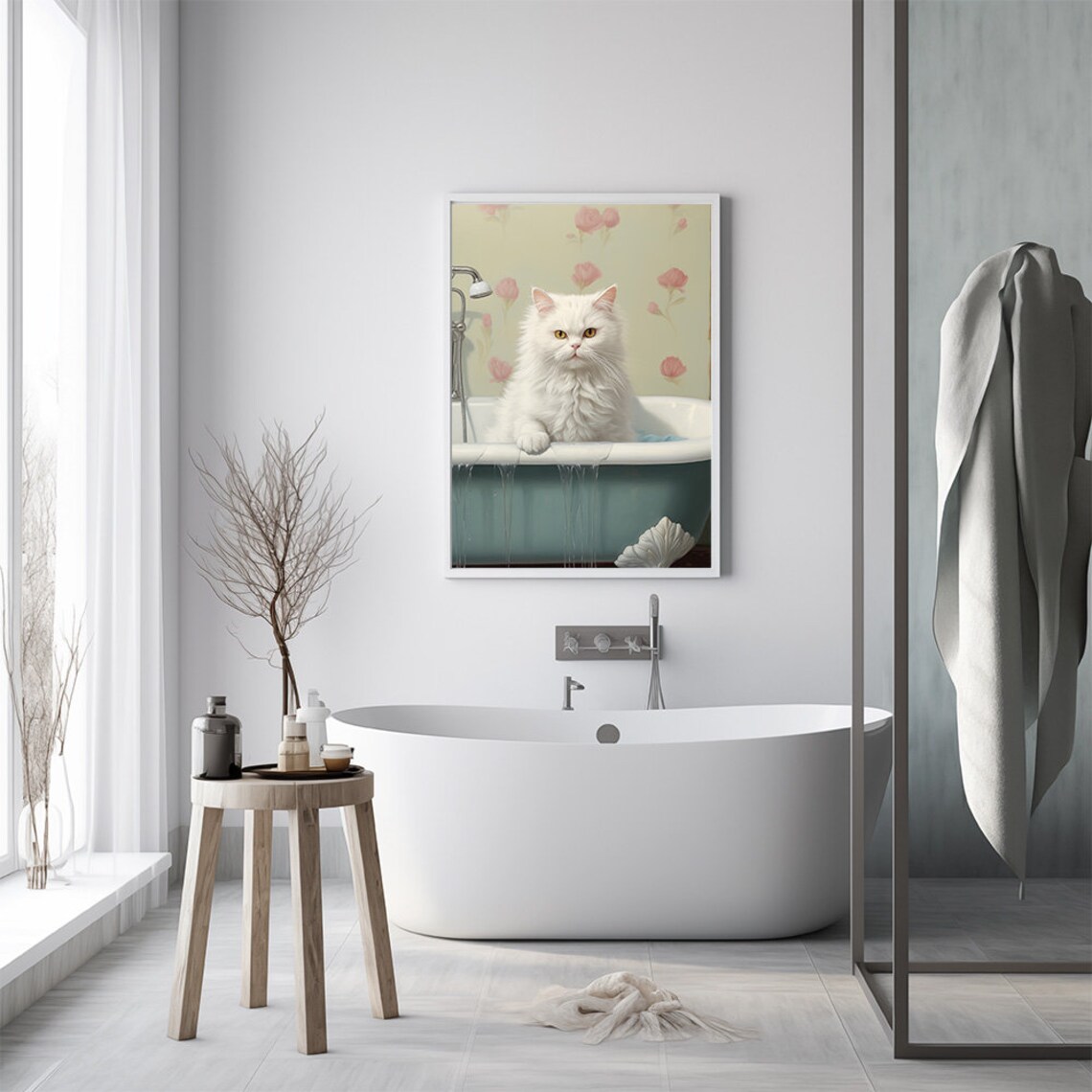 Fluffy White Cat Sitting In A Vintage Bathtub Cute Bathroom Poster - Image 2