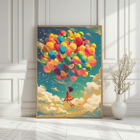 Girl Flying With Balloons Nursery Poster Colorful Kids Playroom Or Preschool Decor Child Balloon Adventure Art Print