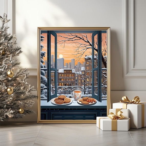 Cookies and Tea by Snowy City Window Sunset Winter Painting Poster
