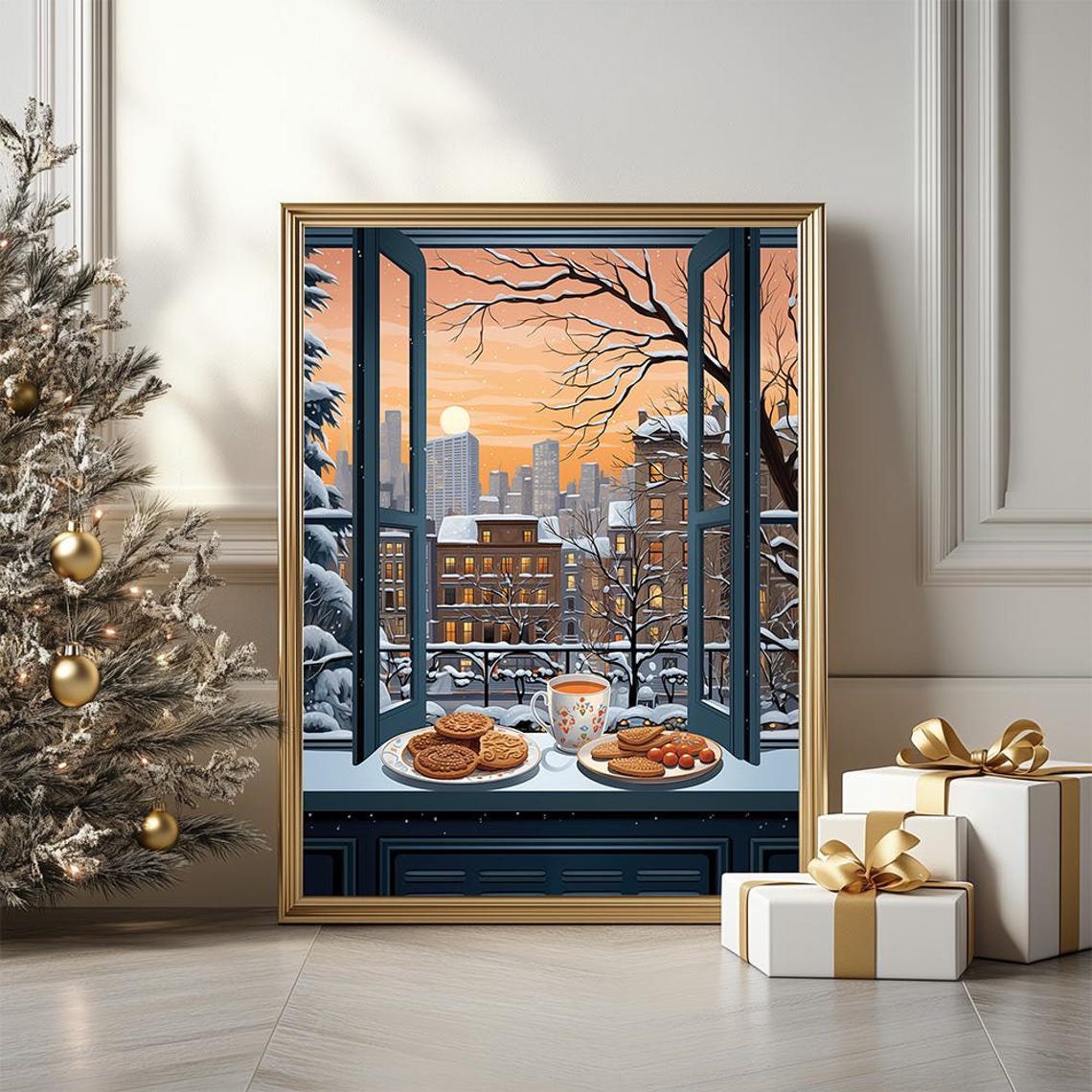 Cookies and Tea by Snowy City Window Sunset Winter Painting Poster