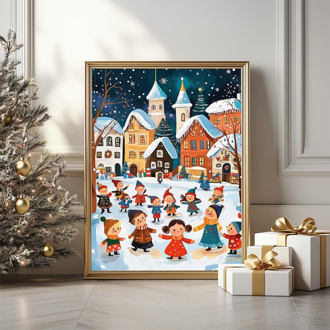 Christmas Village Children Playing In Snow Holiday Art Poster