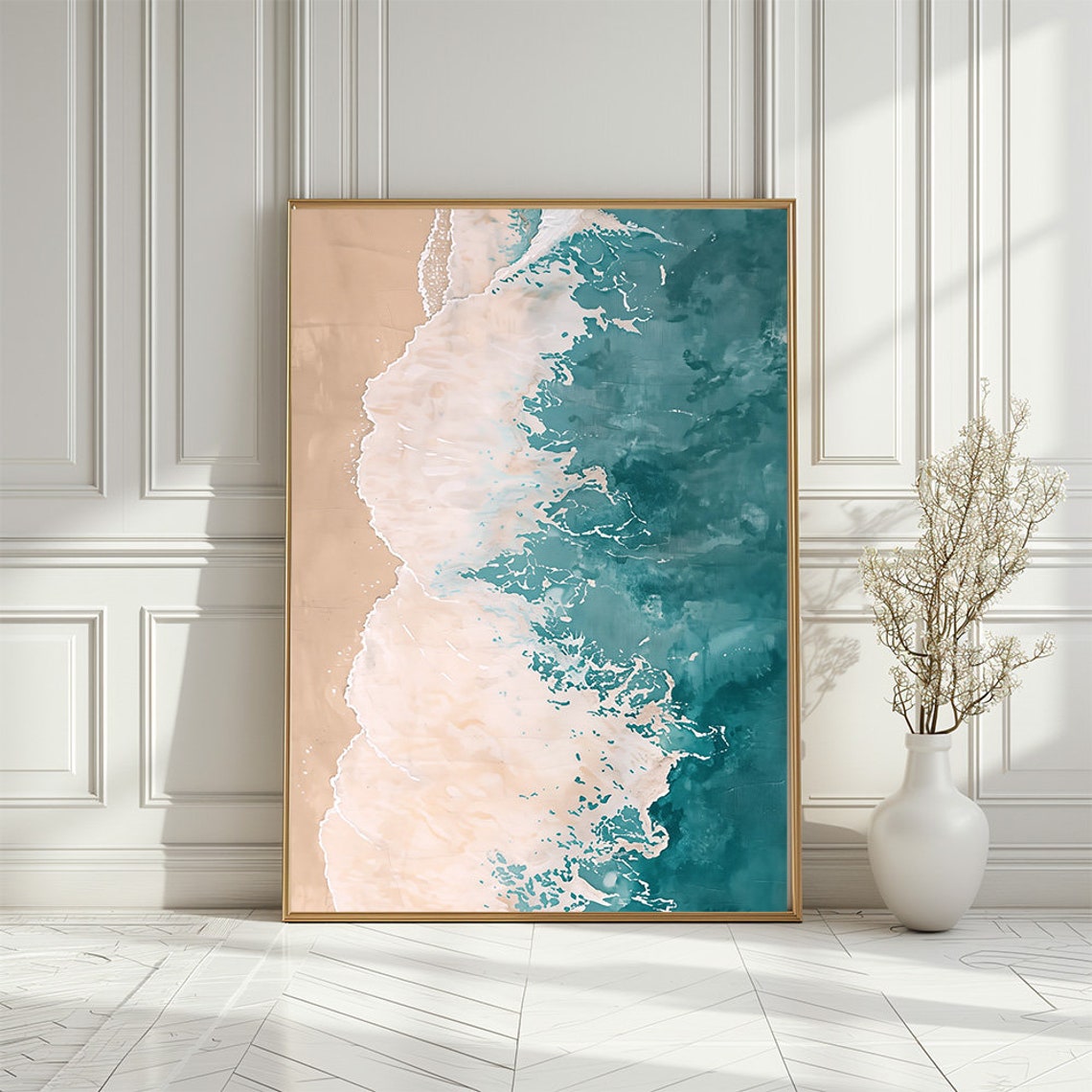 Aerial Ocean Waves Foaming Over Sandy Beach Shoreline Art Print