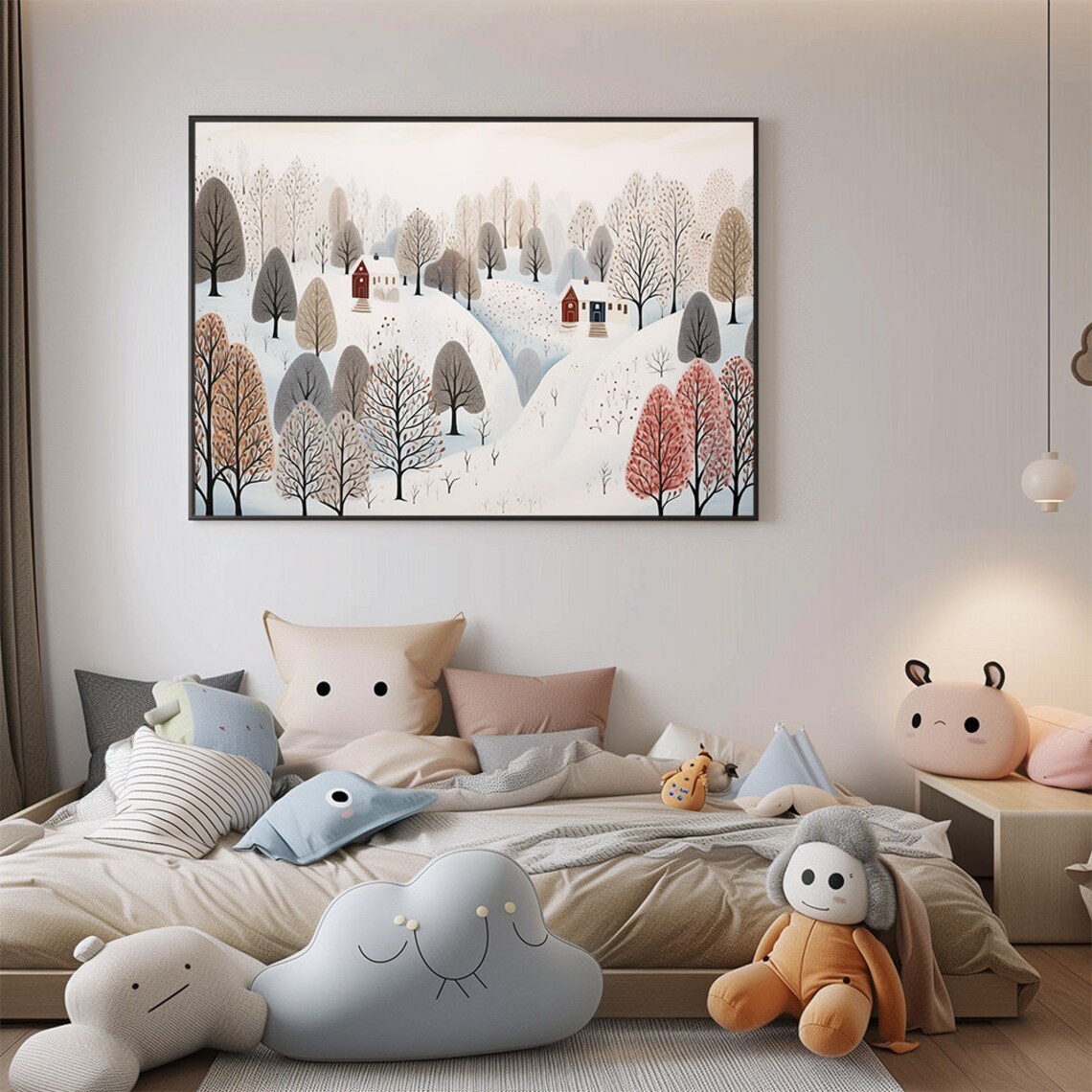 Nordic Snowy Forest Village With Red Houses Minimal Winter Poster - Image 3