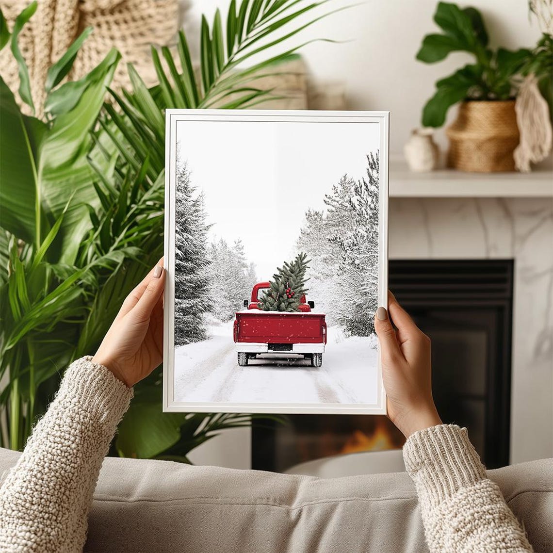 Vintage Red Pickup Truck Christmas Tree Snowy Forest Road Poster - Image 3