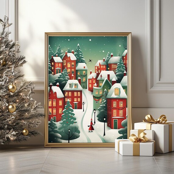 Minimalist Snowy Christmas Village Red Houses Pine Trees Art Print